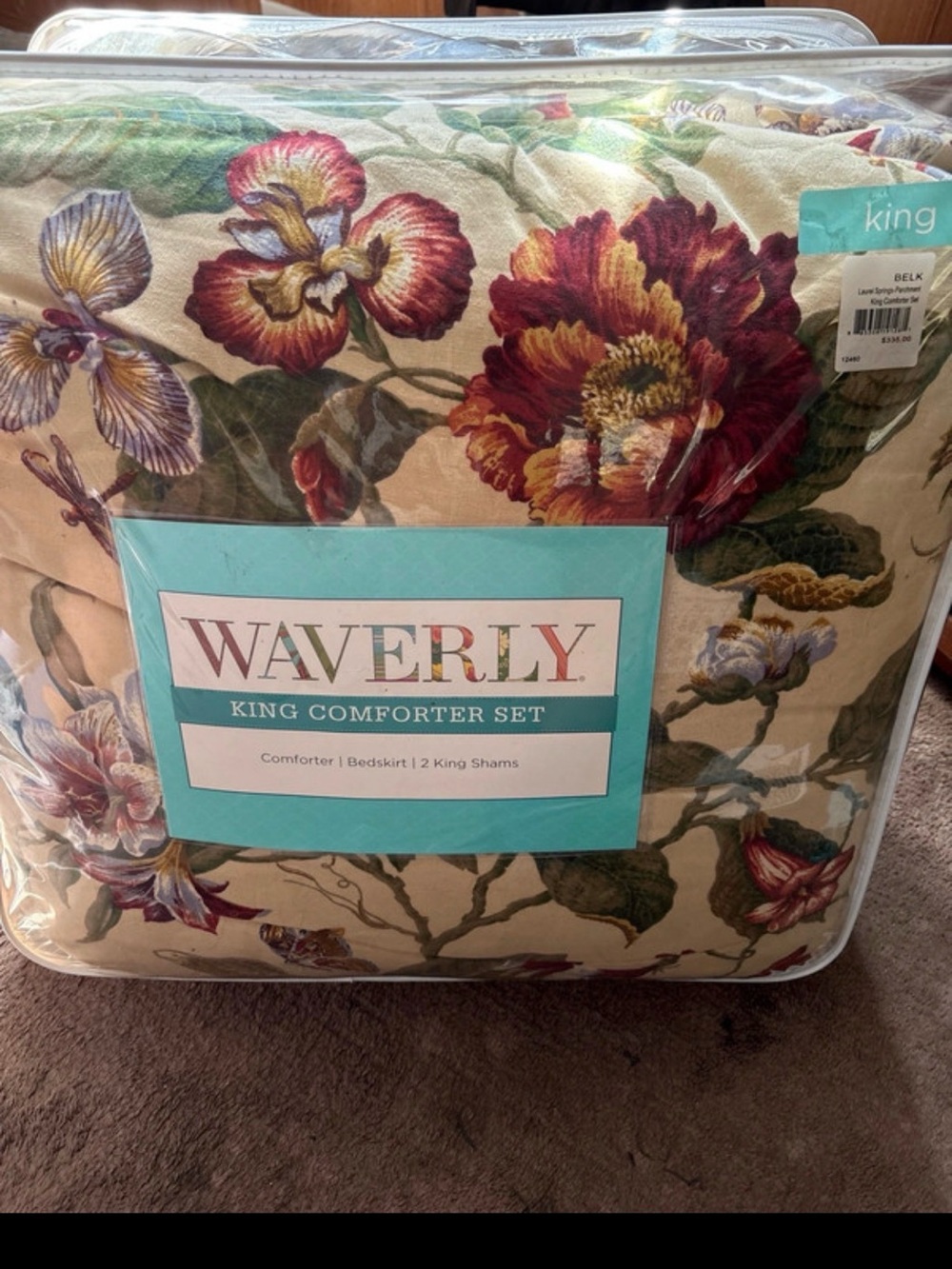 Waverly Floral King Comforter Set in Cream, Burgundy and Green